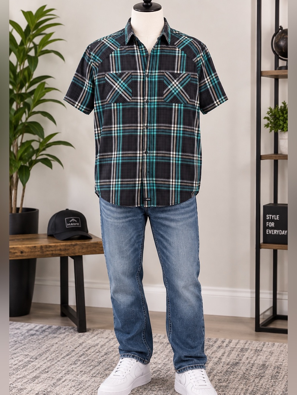 Tony Hawk Men's Plaid Shirt - Black, Blue, and Green